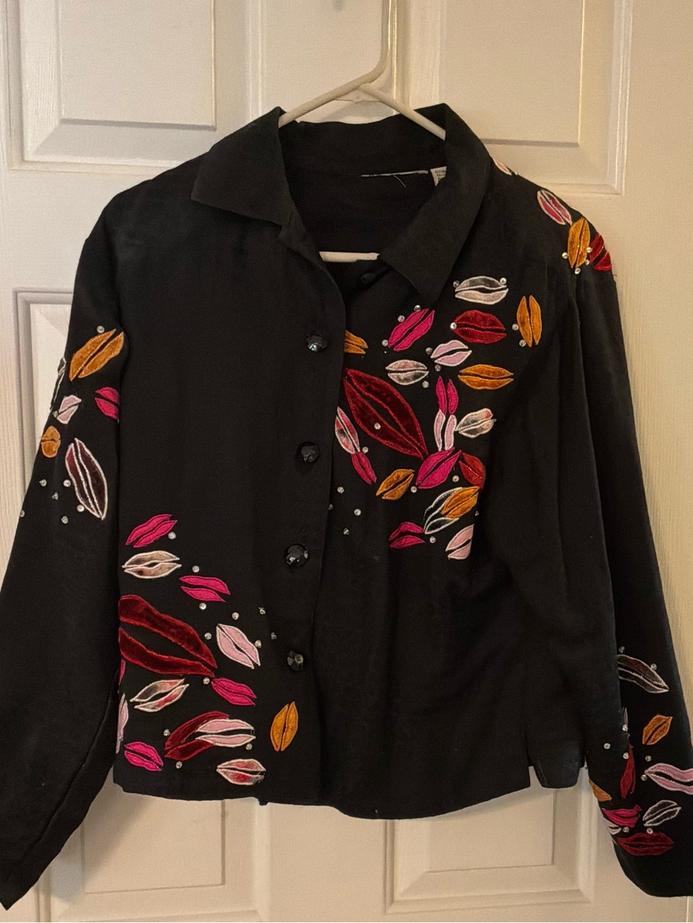 Black Embroidered Lip-Print jacket. - Black with Pink & Red Accents